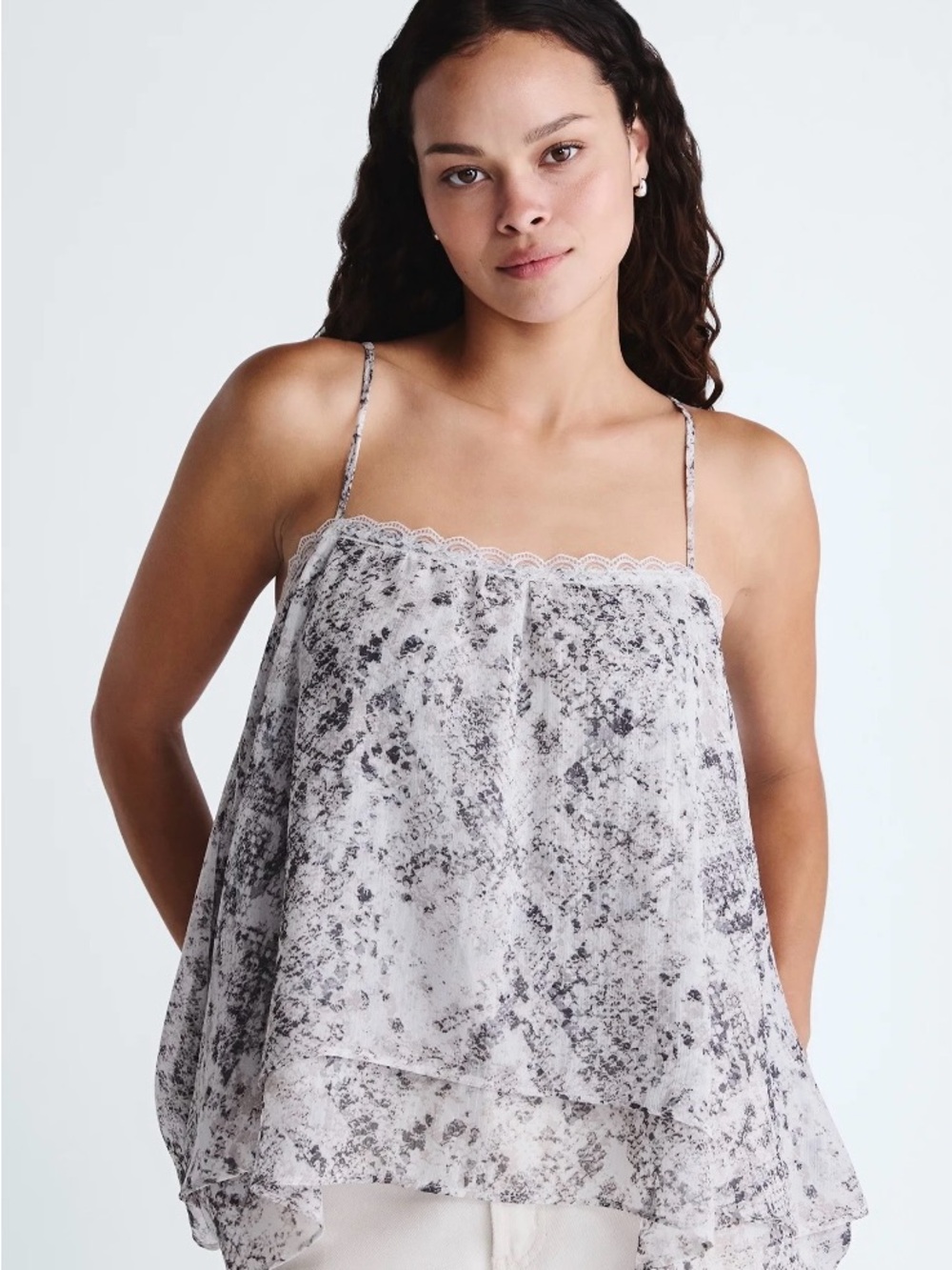 NWT Scoop Light Gray Snake Printed Lace-Trim Spaghetti Strap Top